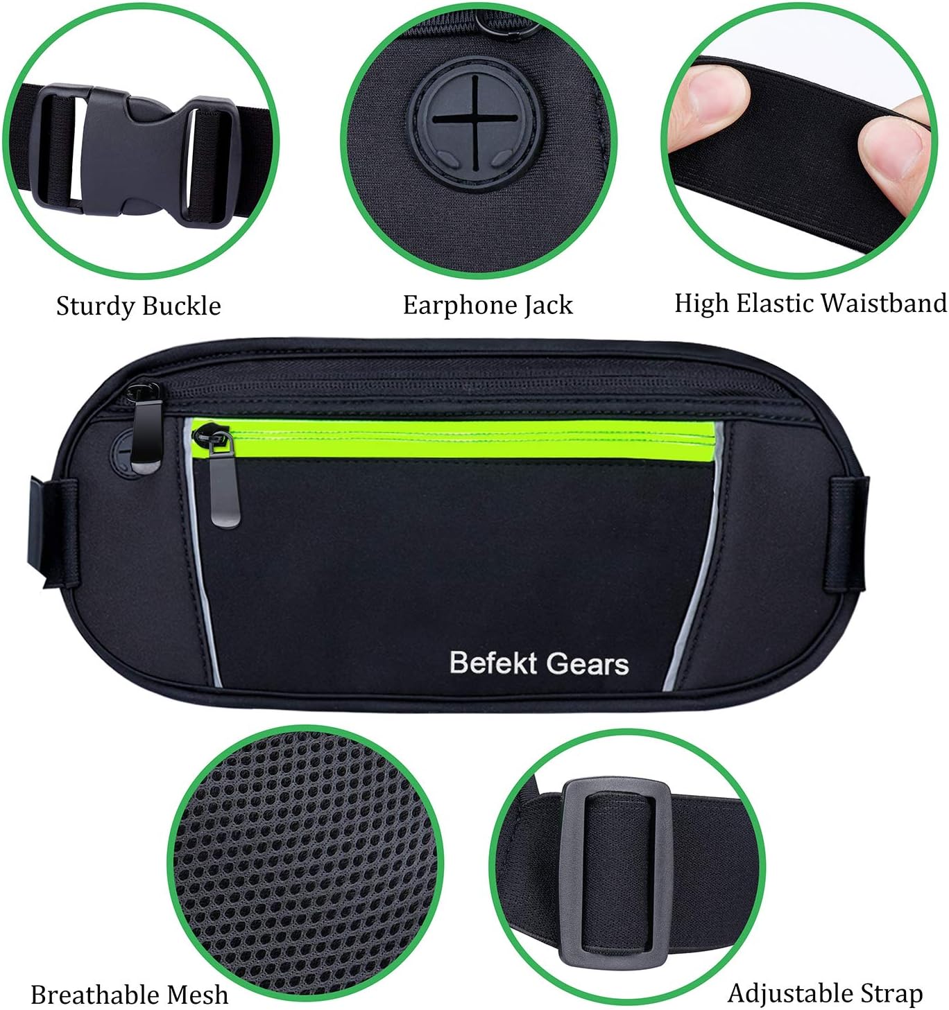 Befekt Gears Running Belt, Waterproof Waist Pack with Large Capacity, Sweat-proof Adjustable Elastic Strap and Headphone Hole Ideal for All Mobile Phones up to 6.5 inch