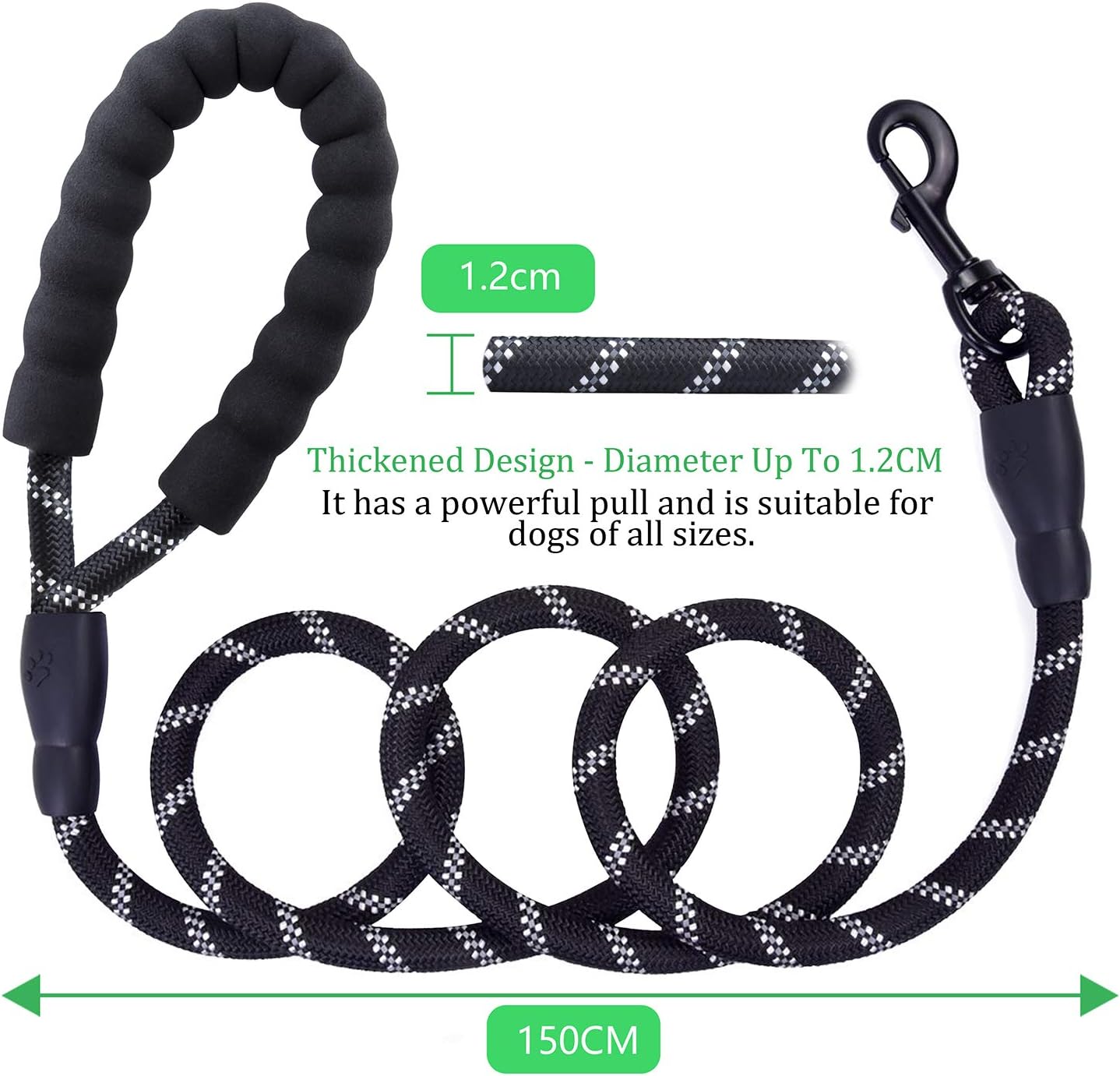 Rope Dog Lead, Befekt Gears 5FT Durable Rope Twist Lead with Soft Padded Handle and High Reflective Threads for Small, Medium and Large Dogs