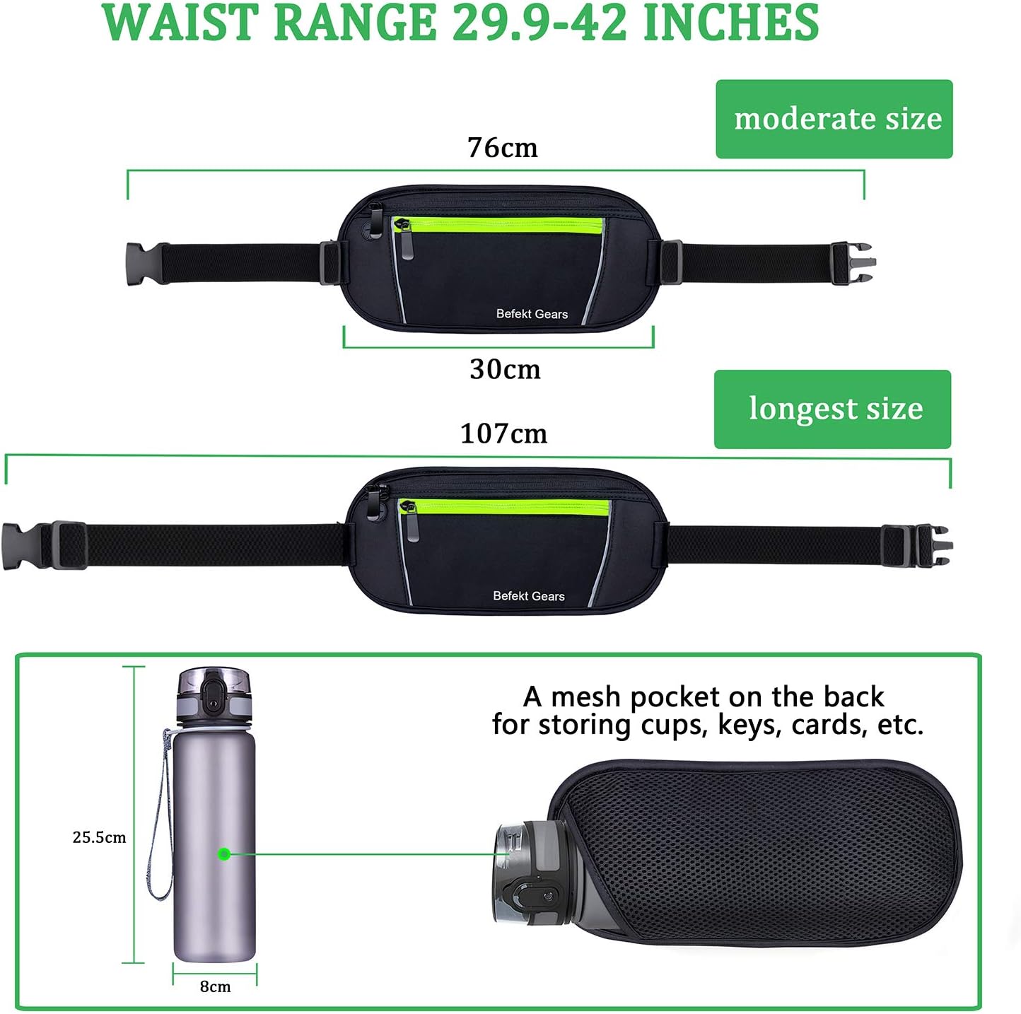 Befekt Gears Running Belt, Waterproof Waist Pack with Large Capacity, Sweat-proof Adjustable Elastic Strap and Headphone Hole Ideal for All Mobile Phones up to 6.5 inch