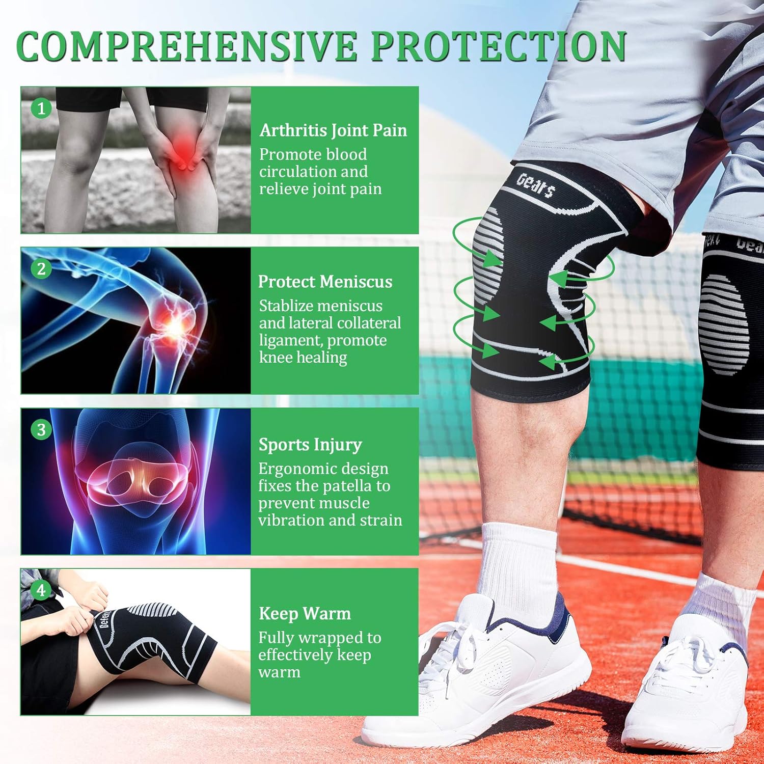Befekt Gears Knee Brace and Ligament [2 Pack], Knee Support Sports Crossfit Compression Breathable and Non-Slip Support Pain Relief for Running/Volleyball for Men/Women