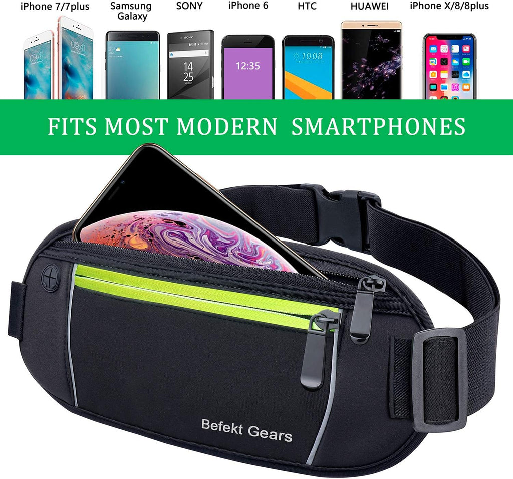 Befekt Gears Running Belt, Waterproof Waist Pack with Large Capacity, Sweat-proof Adjustable Elastic Strap and Headphone Hole Ideal for All Mobile Phones up to 6.5 inch