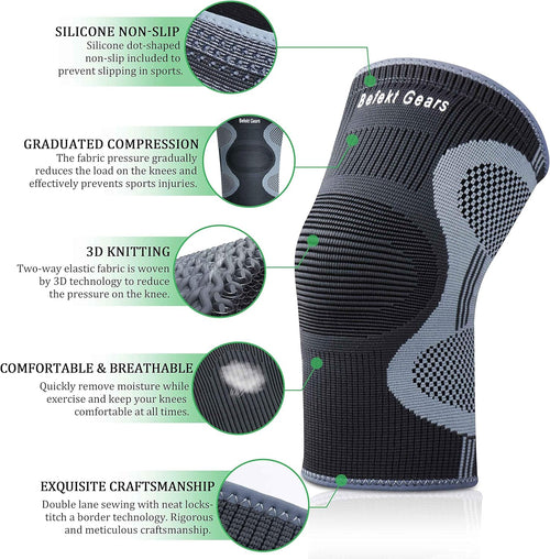 Befekt Gears Knee Support for Men Women, [2 Pack] Breathable Anti-Slip Knee Brace Compression Sleeve - Ideal for Arthritis, ACL, Meniscus Tear, Knee Pain Relief & Injury Rehabilitation Sports